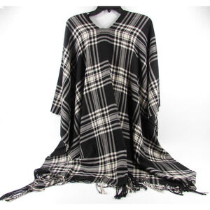 NWT Women's Chaps Windowpane Plaid Poncho Ruana Shawl Black & White